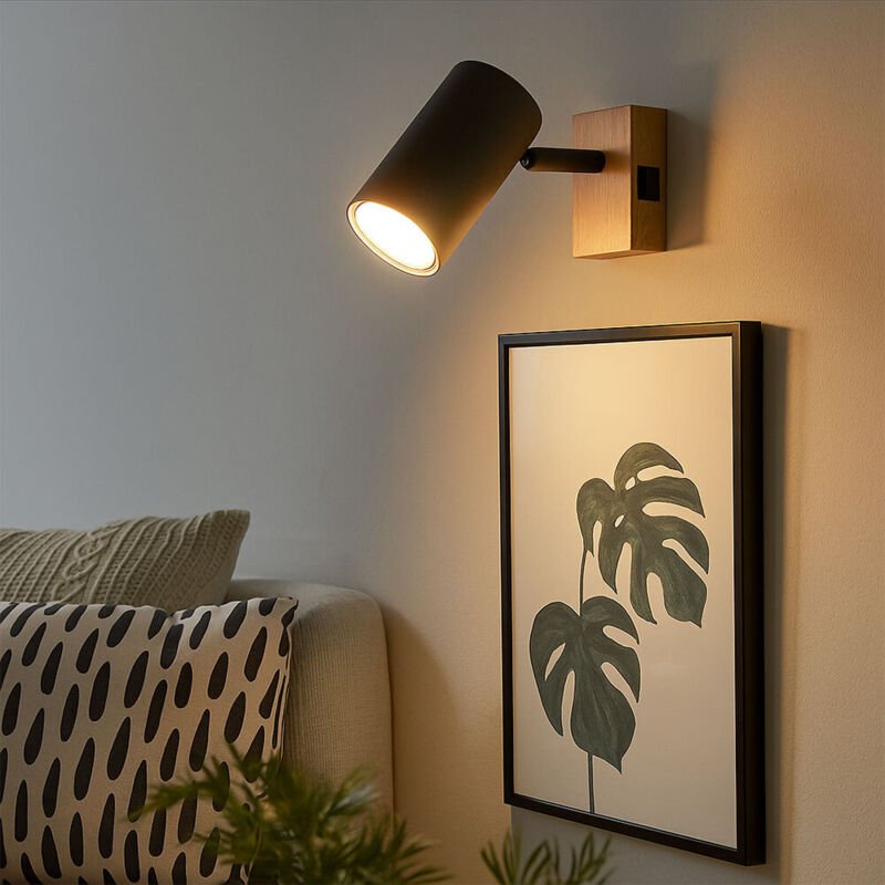 Globo - Wandlampe Wandleuchte Holzlampe Wohnzimmerlampe braun, mit verstellbarem Spot, Metall schwarz graphit braun, 1x ...