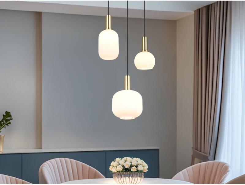 Meinewunschleuchte - Retro Cluster led Pendelleuchte 3-flammig mit Glasschirmen in Weiß, ø 38cm