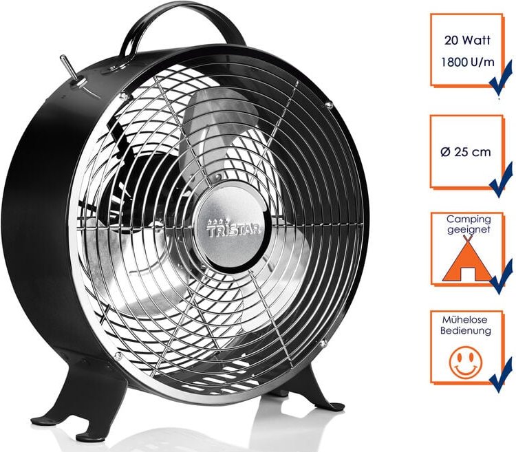 Tristar - Retro Ventilator in Schwarz, 2 Leistungsstufen, 1800 U/min, ø 25 cm, Tragegriff