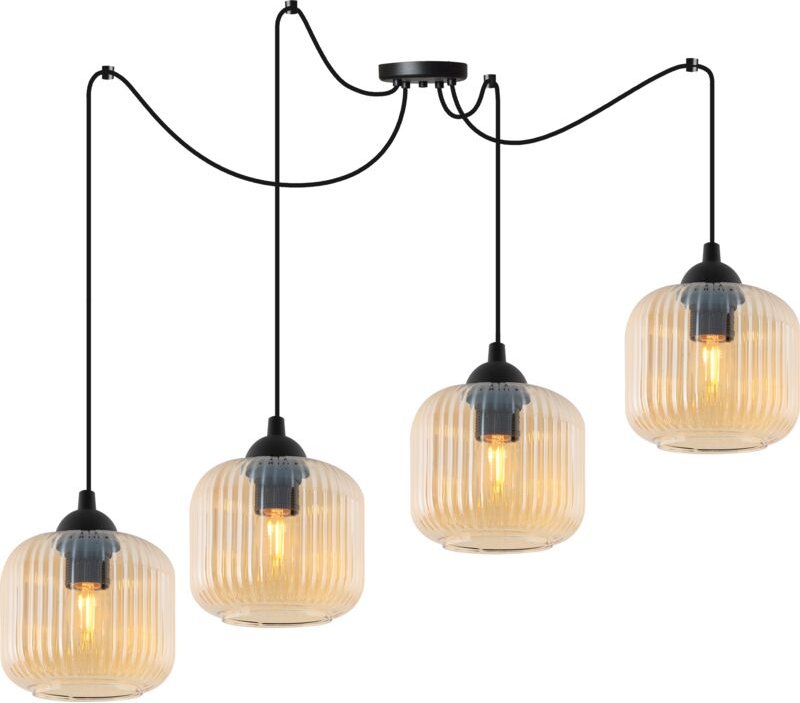 Riffle Spider Hängelampe Schwarz 4 Flache Honig-Lampenschirme Zylinder E27