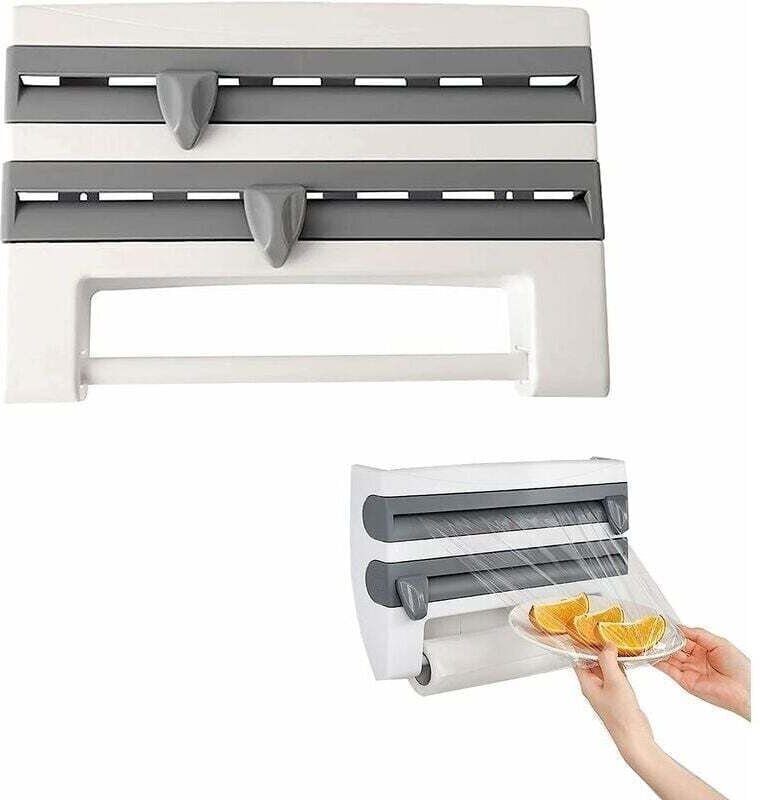 Support Dérouleur Triple Murale Pour Film Alimentaire Papier Aluminium Et Serviettes Avec Coupeur Gris