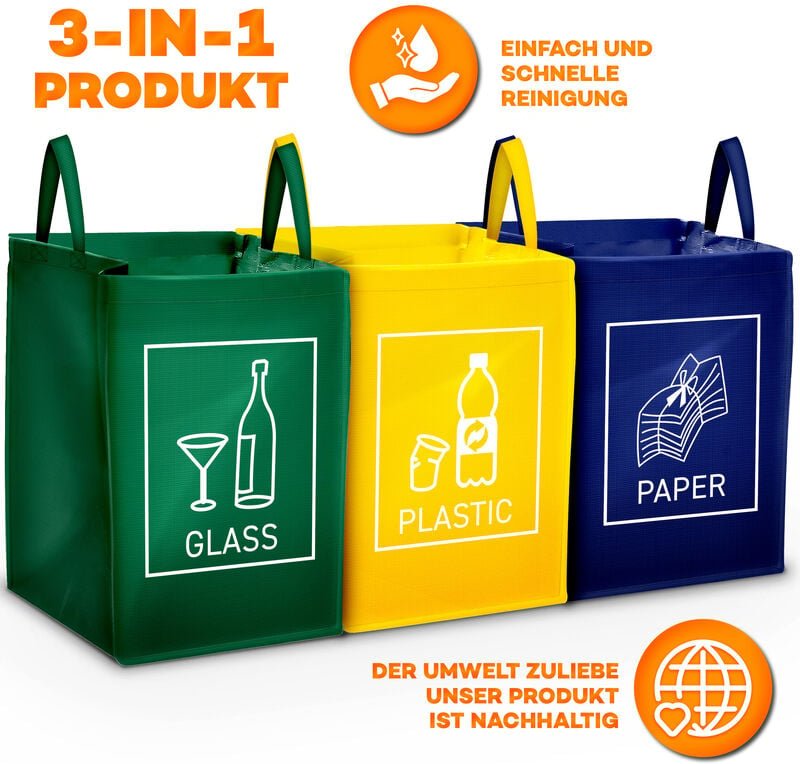 Tresko - 3er Set Recycling Müll Sortiertaschen Mülltrennsystem Abfalltrennsystem