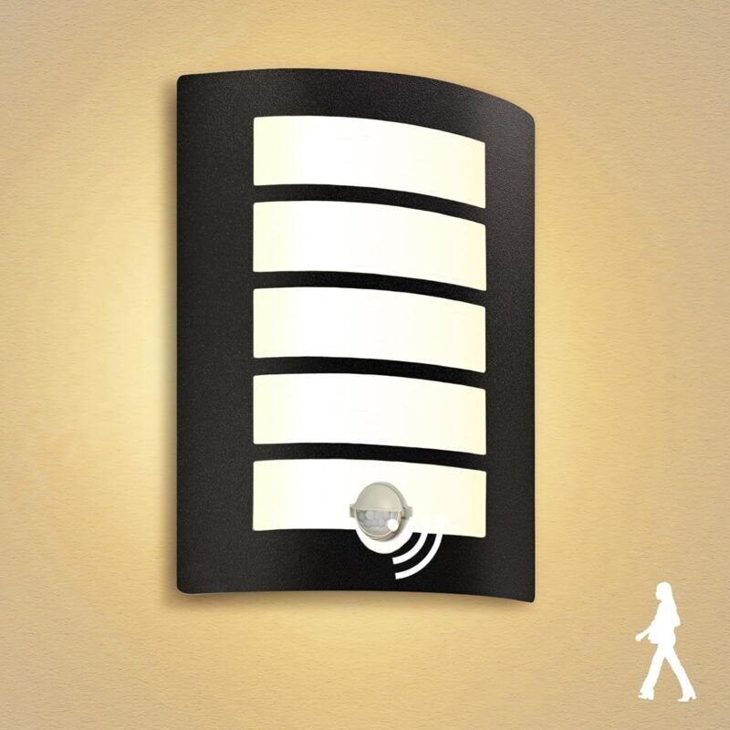 Wandleuchte für den Innen- und Außenbereich mit Bewegungsmelder, E27 LED, Schwarz, 12 W warmweiß, 1200 lm, IP44 wasserdi...