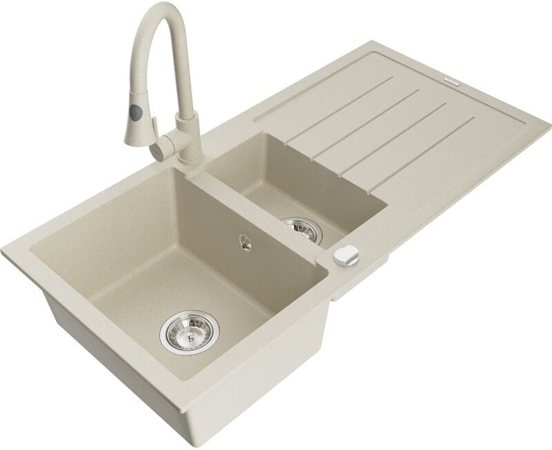 Mexen Andres 1,5-Becken-Granitspüle mit Abtropffläche und Mischbatterie Elia, Beige - 6515-69-670101