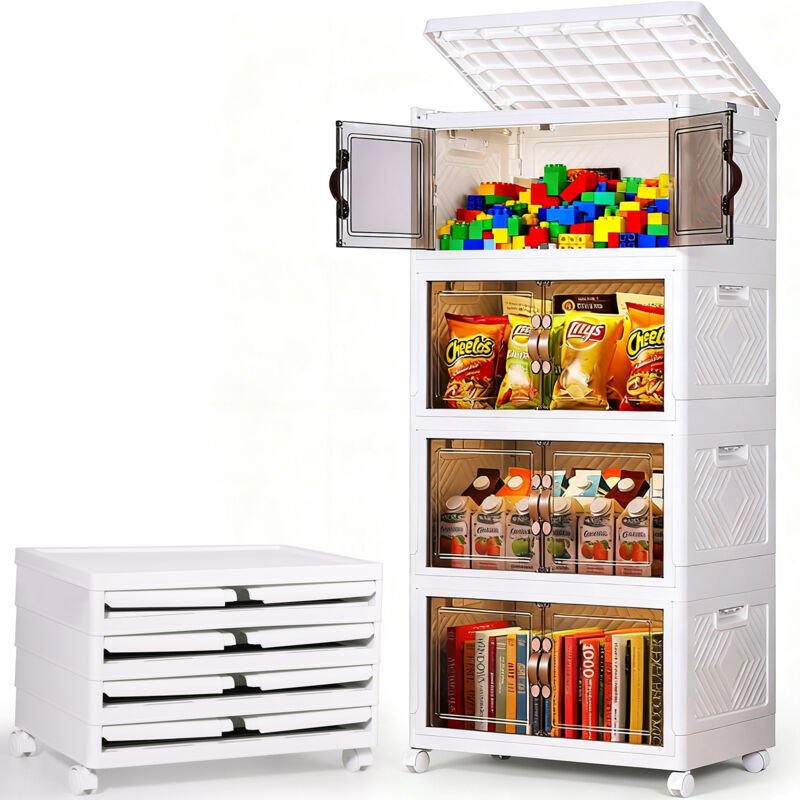 Set aus 4 faltbaren Aufbewahrungsboxen 50x30 cm, 4-stufiges Möbel mit stapelbaren Boxen mit Türen, Deckeln und Rollen – ...