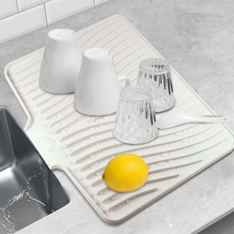 Abtropfmatte für Geschirr, 40 x 33 x 1,5 cm, faltbar, aus Silikon, saugfähig, hitzebeständig, rutschfest, cremefarben