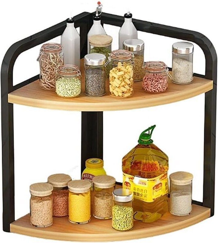 Küchenregal, Gewürzregal, Gewürzregal aus Eisen, Schreibtisch-Organizer (2 Ebenen) aus Holz und Eisen, schwarz, 2 Ebenen