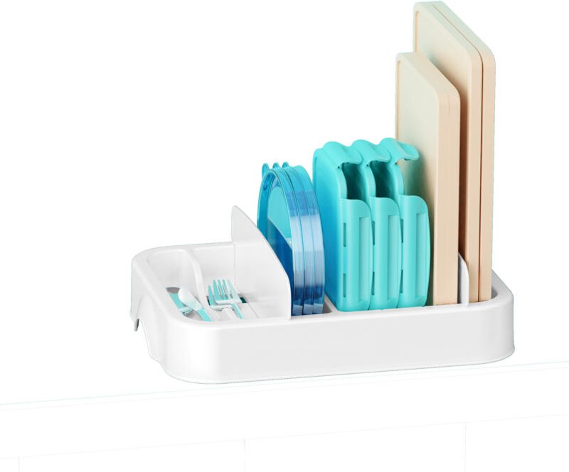 Aufbewahrungsbox mit verstellbarem Deckel für Lebensmittelbehälter, geeignet zur Aufbewahrung im Küchenschrank.