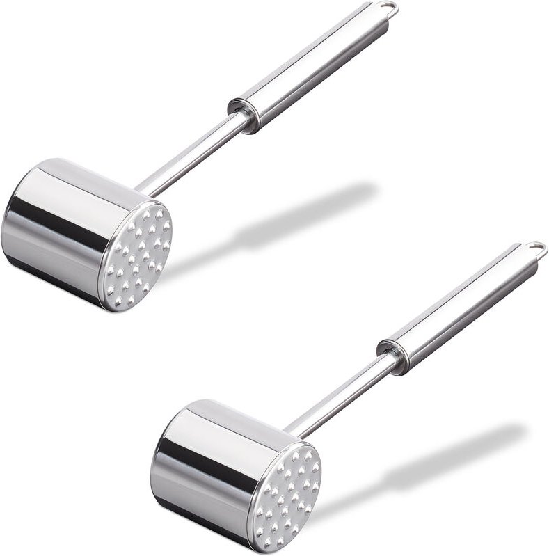 2er Set Profi Fleischklopfer, doppelseitig, Fleischhammer für Schnitzel, Steak, 28cm lang, rostfrei, Edelstahl, silber