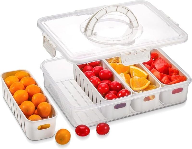 2-teilige Snackbox mit Deckel, Lebensmittelfachbox mit Griffen, abtropfbares, unterteiltes Serviertablett mit 4 herausne...