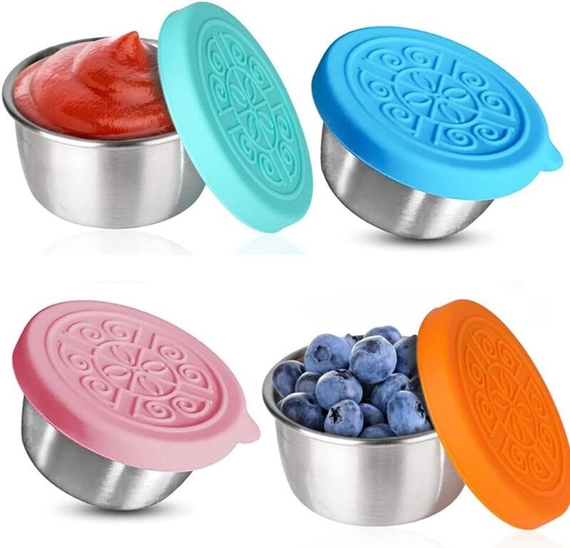 4 wiederverwendbare Salatdressingbehälter aus Edelstahl mit Silikondeckeln, für Salate und unterwegs