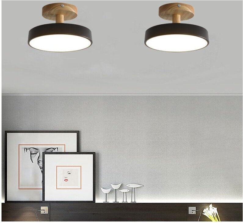 Thumbnail - Led Moderne Deckenleuchte Metall Holz Deckenlampe Innen Runde Pendelleuchte Schwarz Ø18CM - 1Pcs Kaltweiß Licht