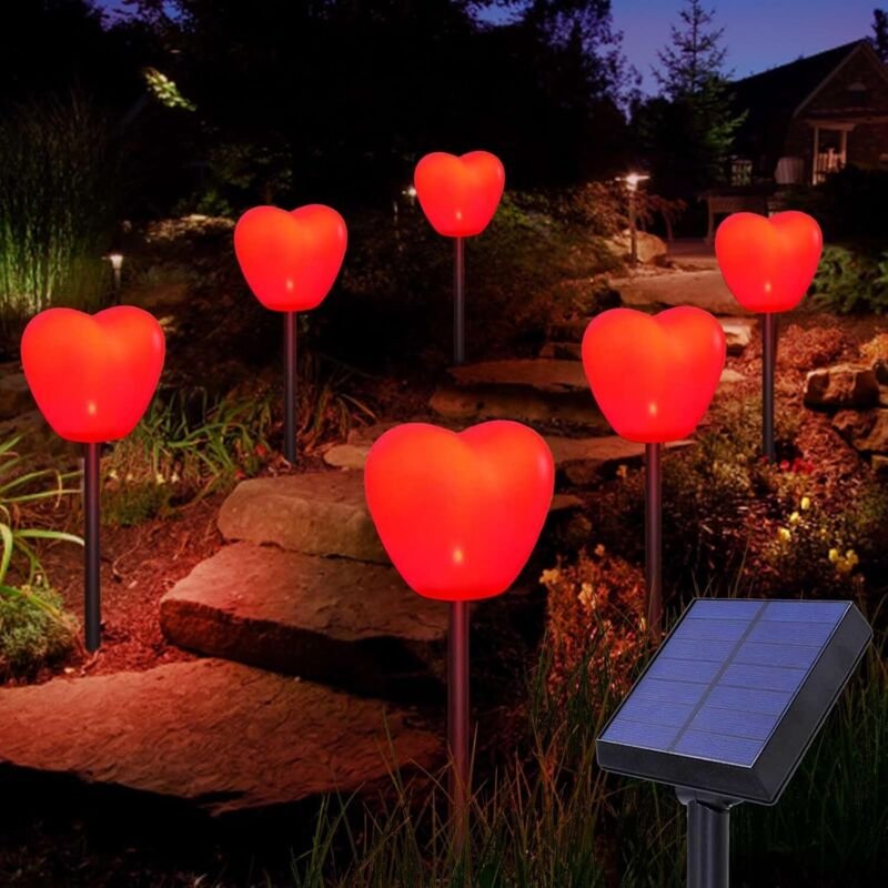 6er-Pack rote Solarlichter zum Valentinstag, herzförmige Dekoration für den Außenbereich, wasserdicht, für Garten, Gehwe...