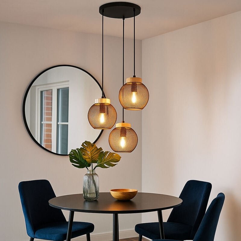 Pendelleuchte Deckenlampe hängend Vintage Hängeleuchte schwarz Metall Industrial, 3 flammig, Holz braun, 3x E27 Fassunge...