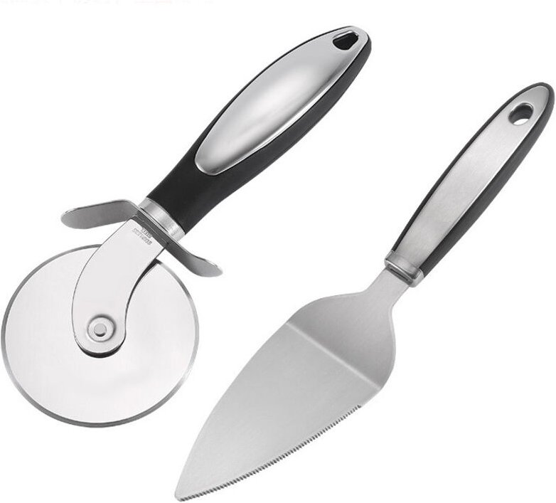 Zweiteiliges Set – Pizzaschneider und -roller aus Edelstahl mit rundem Griff, einrädriges Tortenmesser und Pizzaschieber