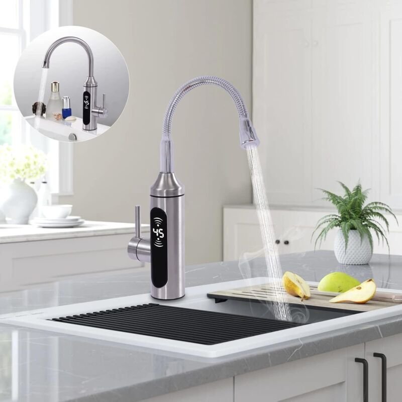 Elektrischer Wasserhahn aus Edelstahl 3300 w, elektrischer Warmwasserbereiter mit LED-Anzeige – Kontinuierliche 360°-Was...