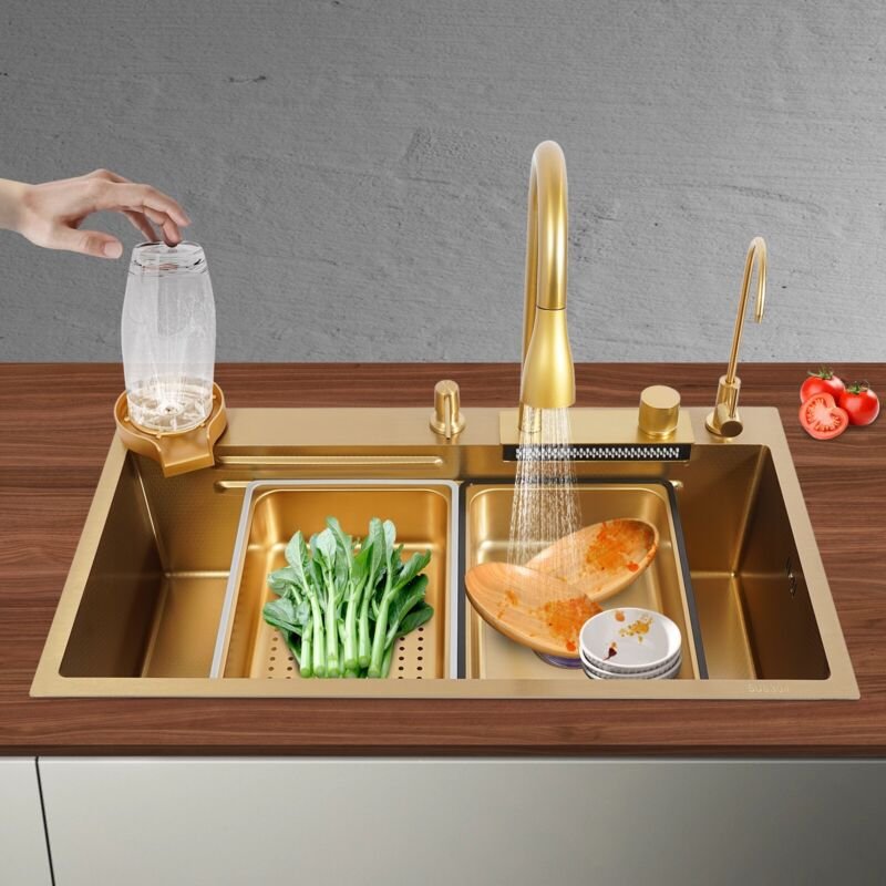 Gold Küchenspüle Edelstahl Topmount Spülbecken Küchenarmatur Set DE