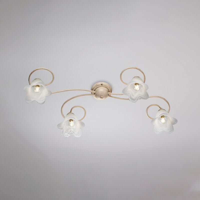 Bonetti Illumina - Blumen-Deckenlampe aus Eisen-Elfenbein-Gold vier Lichter Lampenschirme 87x40x h17 cm