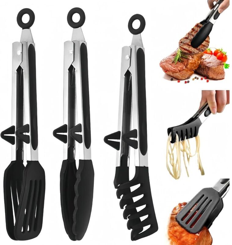 Küchenzange, 3-teiliges Set, 27 cm lange Küchenzange aus Edelstahl mit Halterung, BPA-freies, lebensmittelechtes Silikon...