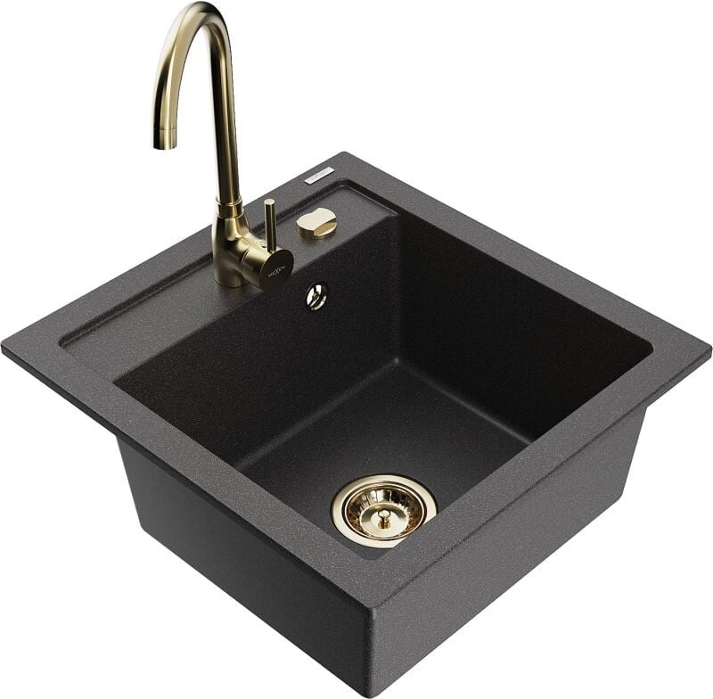 Vito 1-Becken-Granit-Spüle mit Mischbatterie Telma, Schwarz gesprenkelt - 6503-76-670200-50 - Mexen