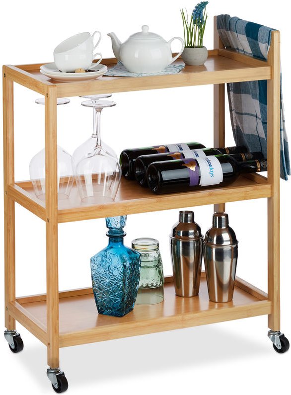 Relaxdays Servierwagen Bambus, 3 Ablagen, natürliche Optik, 360° drehbare Rollen, Rollwagen, HxBxT: 76x58x30 cm, natur