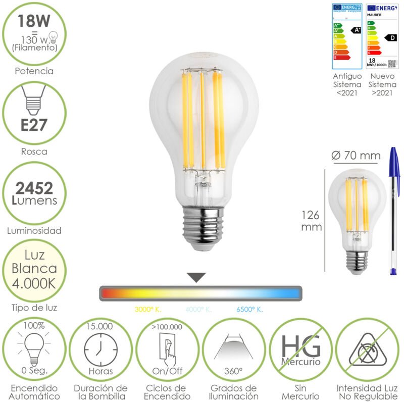 Maurer - Bombilla Led Filamento Standar Rosca E27. 18 Watt. Equivale a 130 Watt. 2462 Lumenes. Luz Neutra 4000º k.