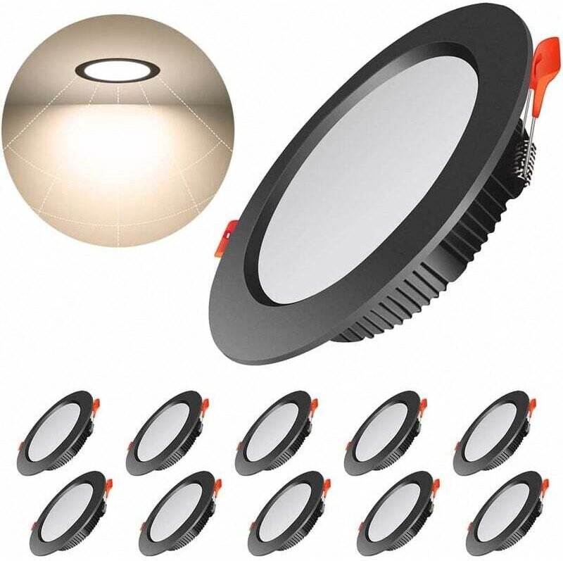 Tonchean - 10er Set Extraflacher Schwarzer led Einbaustrahler, 7W Runder led Deckeneinbaustrahler, Warmes Licht 3000K, a...