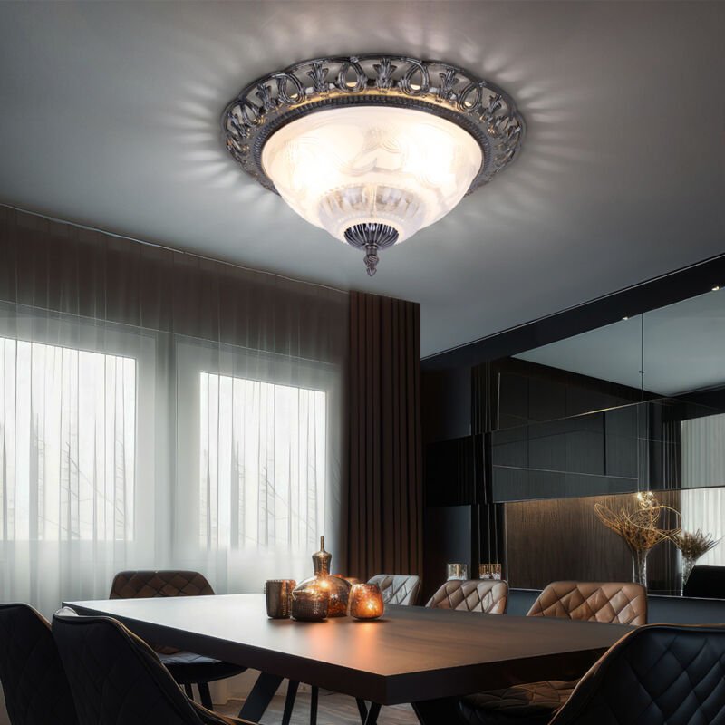 Globo - Deckenlampe weiß Wohnzimmerlampe antik silber Deckenleuchte rund, Retrolampe Perlmutt verschnörkelte Elemente, M...