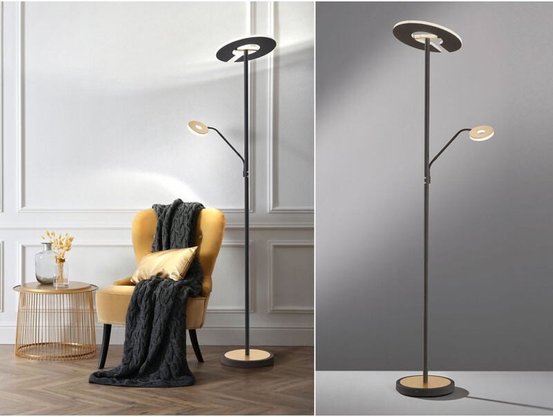 LED Deckenfluter DENT Schwarz / Gold mit Leselampe dimmbar, Höhe 180cm