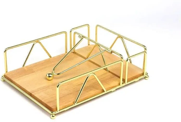 Serviettenhalter aus Holz – Flacher goldener Serviettenhalter – Serviettenspender aus Metall mit Fach für Salz- und Pfef...