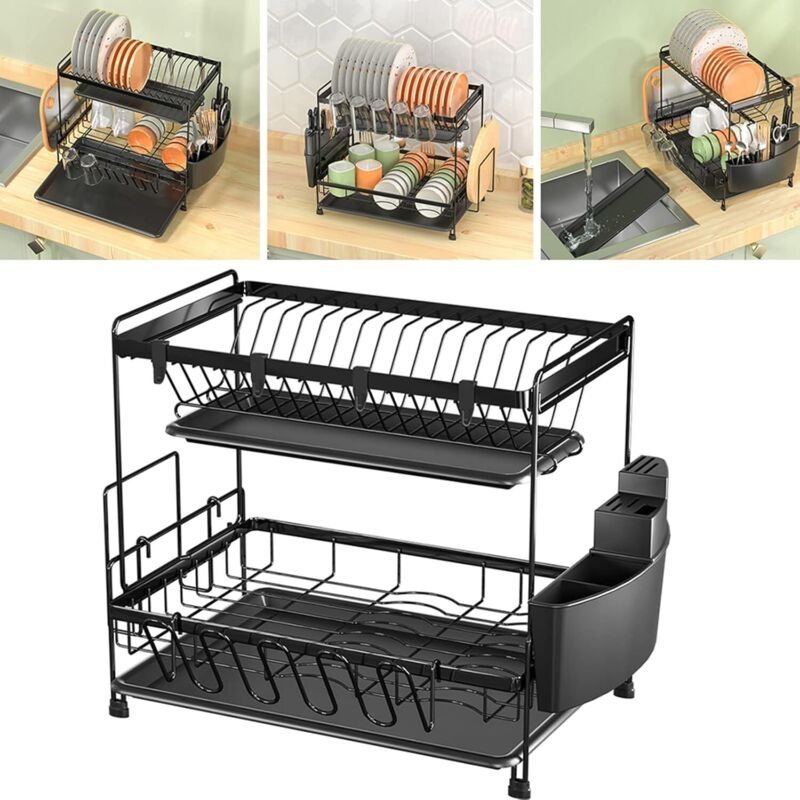 2 Schichten schwarzer Asphalthalter, Küchengeschirrhalter für große Kapazitäten, Schneidbrett, Korb, Messerhalter, Beche...