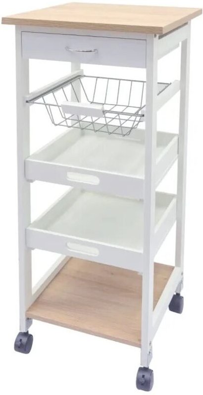 Küchenwagen Olsen mit 1 Schublade, 1 Korb, 2 Ablagen in Weiß/Natur 37x37x82