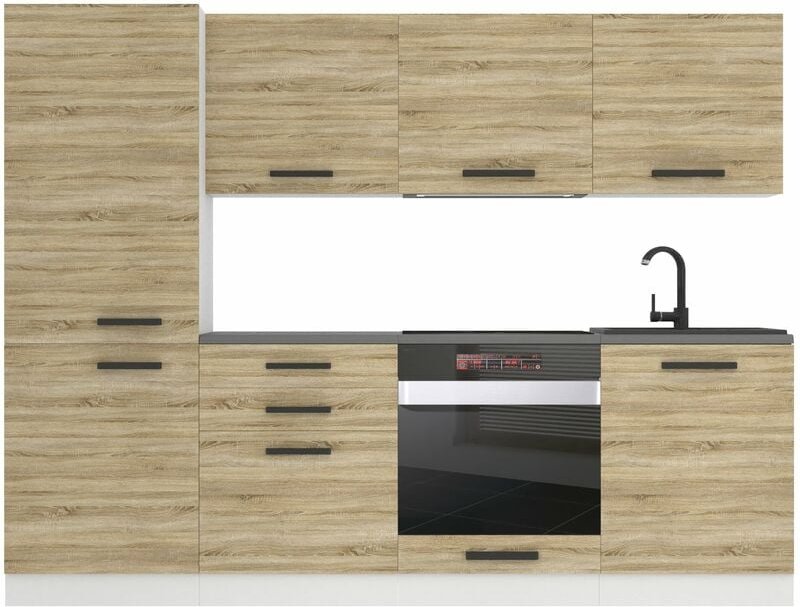 Küchenzeile Küchenblock Sandy - Küchenmöbel 240 cm Einbauküche Vollausstattung ohne Elektrogeräten mit Hängeschränke und...