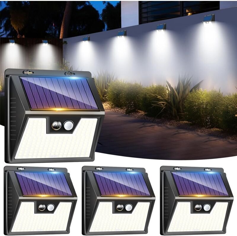 LOTMOS 4er-Set Solar-Außenleuchten mit Bewegungsmelder, 176 LEDs, IP65 wasserdicht, 3 Beleuchtungsmodi, Flutlicht für Ga...