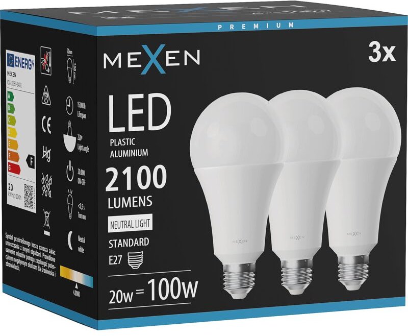 Mexen Nova 3x LED-Glühbirne E27, A70, 20W, Neutral - 4000K, 2100 lm - L100-E27-2040-01x03