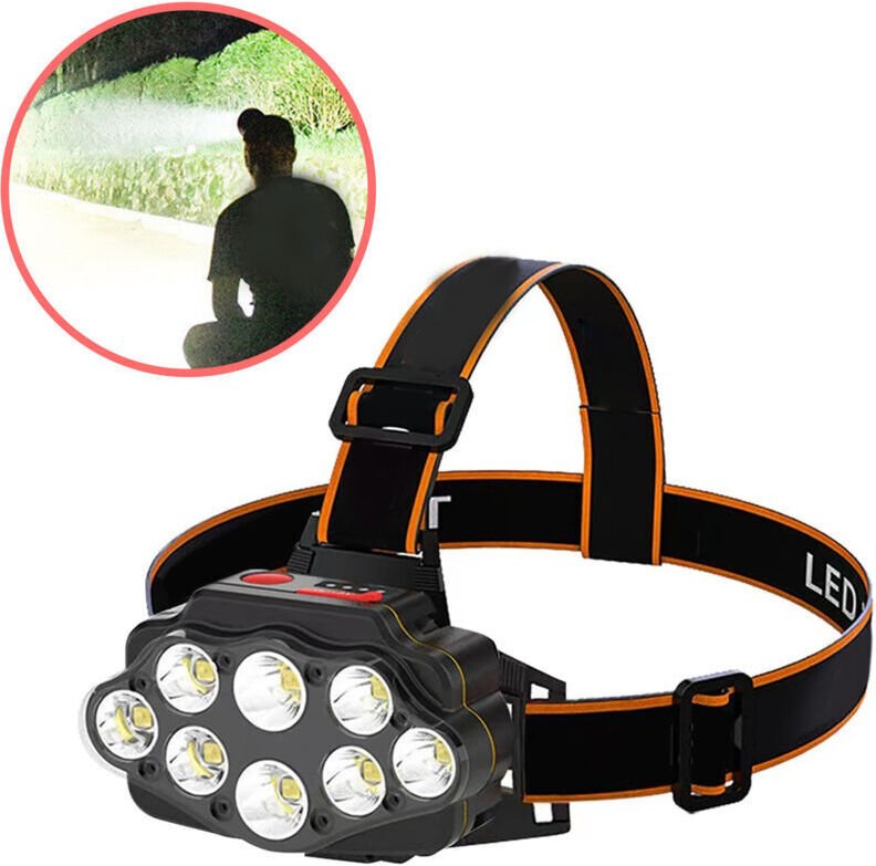 Superhelle, per USB wiederaufladbare, wasserdichte Stirnlampe mit 8 LEDs, ideal zum Nachtwandern, Wandern und Angeln.