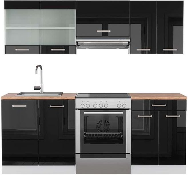 Küchenzeile R-Line, Schwarz Hochglanz/Weiß, 200 cm , AP Eiche, Vicco