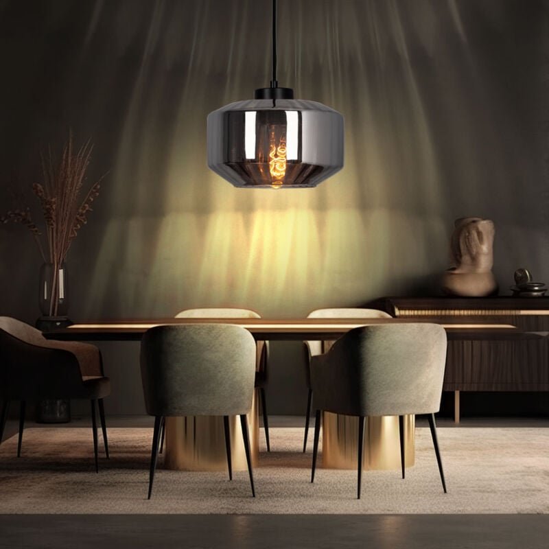 Hängelampe Pendelleuchte Esszimmerlampe, Modernes Pendel mit Glasschirm rauchfarben, Bauchig, Metall, schwarz matt, 1x E...