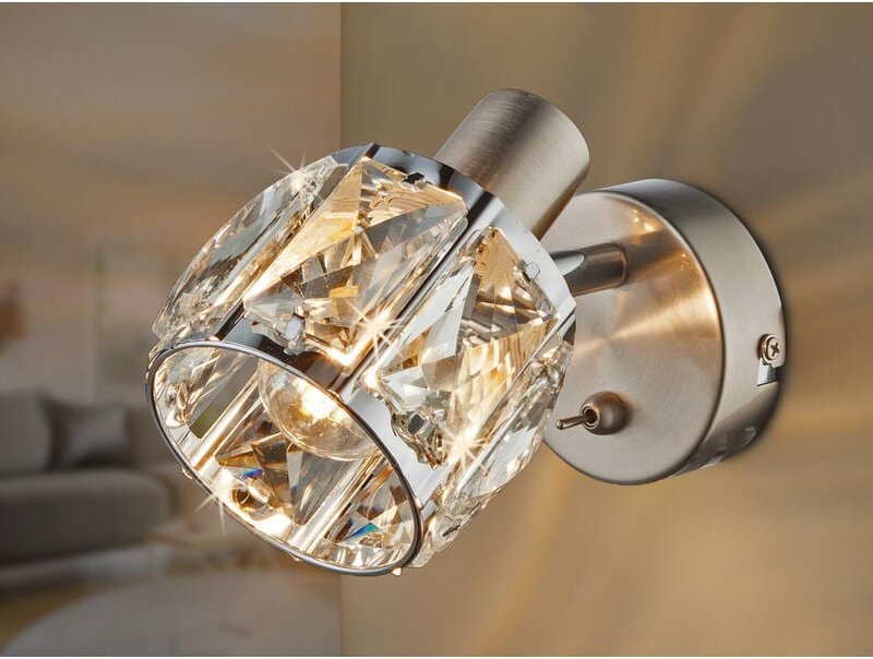 Meinewunschleuchte - led Wandstrahler mit Schalter & Glaskristallen Silber matt, Breite 9cm