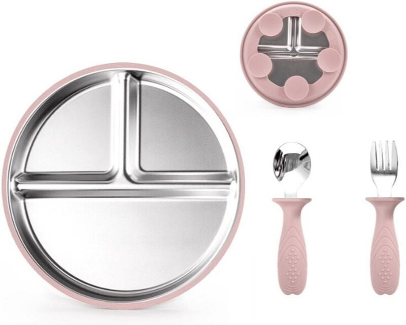 Kinderteller aus Edelstahl – Unterteilter Teller mit drei Fächern Antihaftbeschichtetes Metallbesteck, tragbarer Lunchte...