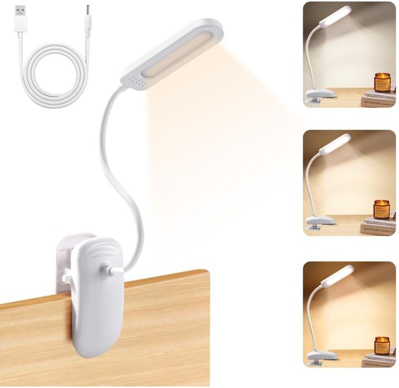 Ansteckbare Schreibtischlampe mit USB-Adapter, wiederaufladbares LED-Leselicht, 360° flexibel, 3 Farben und dimmbar für ...