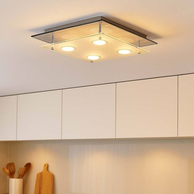 LED Deckenleuchte Glas satiniert Wohnzimmerlampe Chrom Schlafzimmerleuchte, 4x 3W 4x 180lm warmweiß, LxBxH 34 x 34 x 8 c...