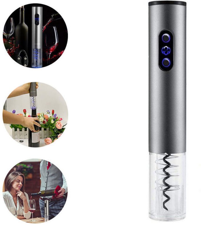 Automatischer elektrischer Flaschenöffner und Korkenzieher mit Korkenschneider, batteriebetrieben – silbergrau