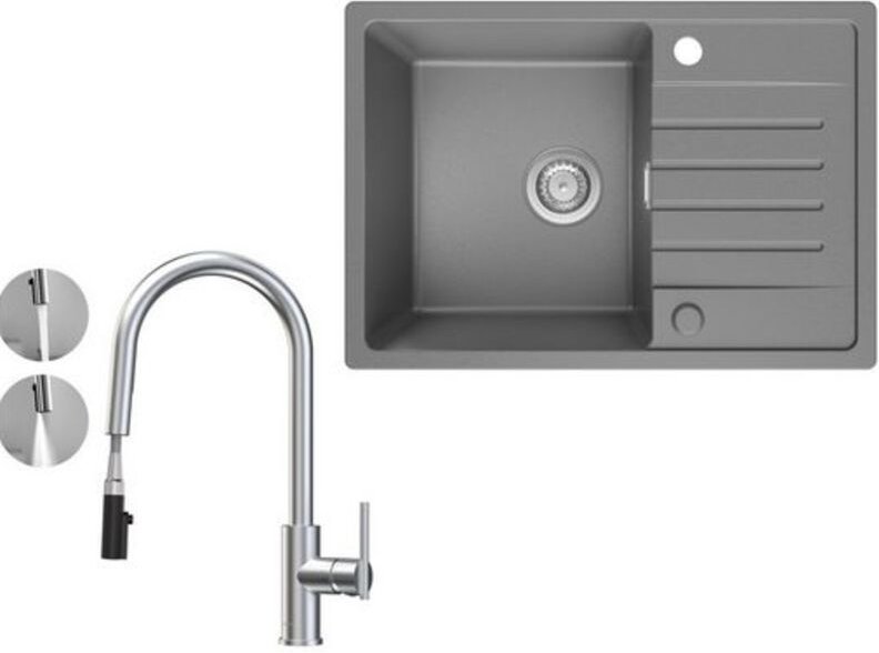 Küchenspüle 65x45cm Granitspüle Grau Mit Abtropffläche + Ausziehbarer Küchenarmatur gebürstete Mit 2 Strahlarten Küche W...