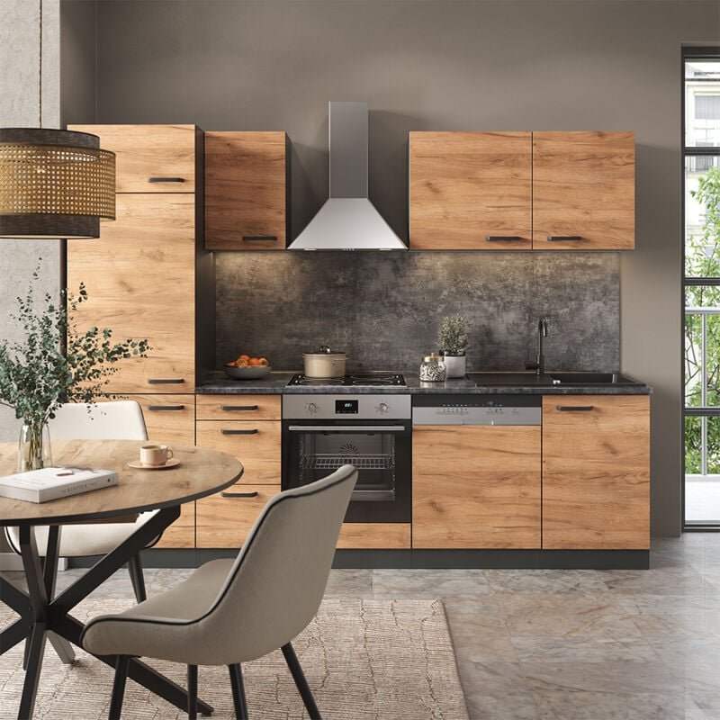 Küchenzeile Optima, Goldkraft Eiche/Anthrazit, 270 cm ohne Arbeitsplatte, mit Hochschrank, Vicco