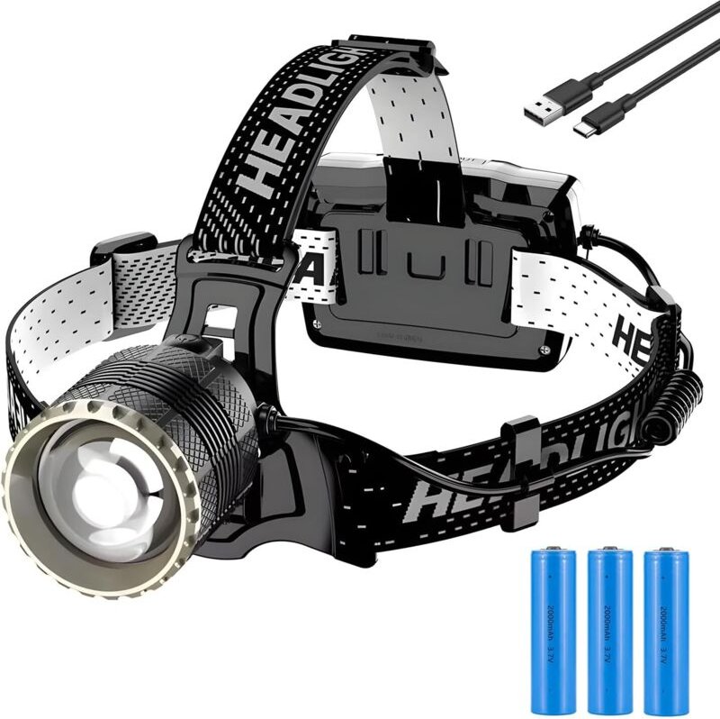 Usb-c wiederaufladbare LED-Stirnlampe, ultrastarke 90000 Lumen, 4 Modi, Stirnlampe mit Sensor, 6000 mAh Akku, Zoom, IP65...