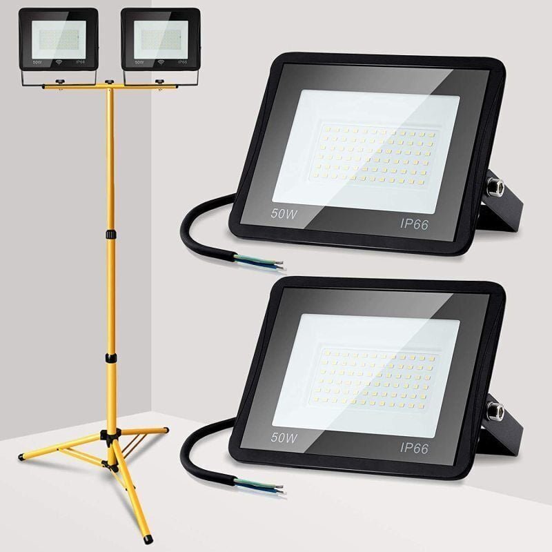 Thumbnail - Led Fluter mit Stativ Arbeitsleuchten Strahler Hotel Baustrahler Flutlicht 2X50W Kaltweiß - Schwarz - Swanew
