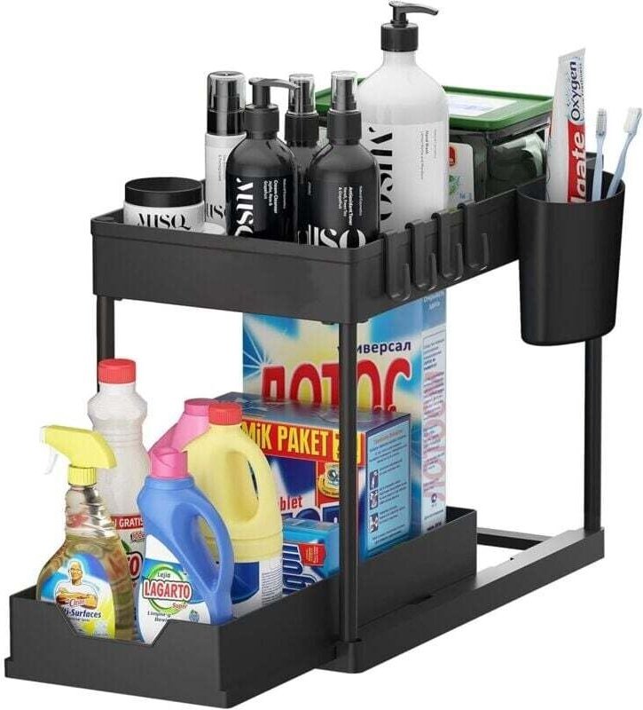 Mensola portaoggetti sottolavello con cassetto estraibile Multifunzionale per cucina e bagno Mensola sottile a 2 ripiani...