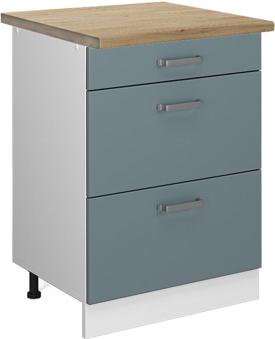 Vicco - Küchenunterschrank R-Line, Blau-Grau, 60 cm mit Schubladen, ap Eiche