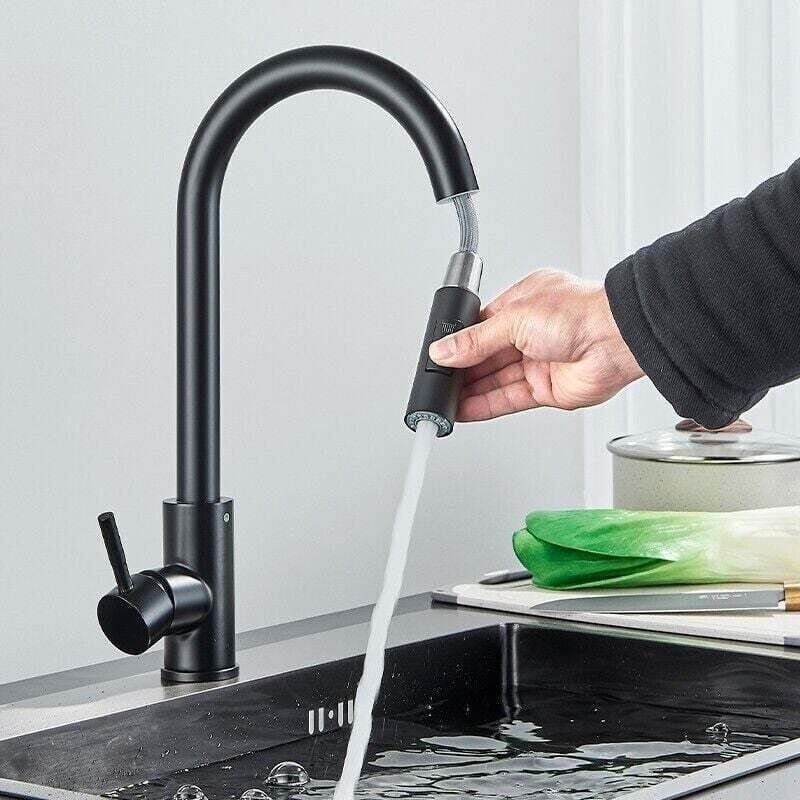 Rubinetto da cucina nero con spruzzatore estraibile, rubinetto a molla girevole a 360° - Rubinetto da cucina con 2 modal...